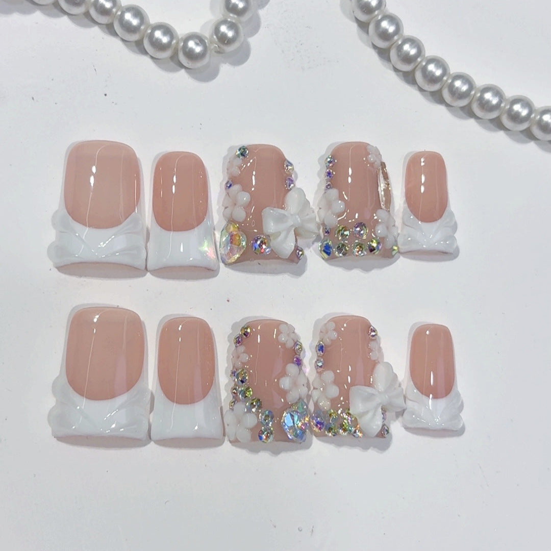Bridal Grace: "Wedding Bow & Floral" – Square Press-On Nails