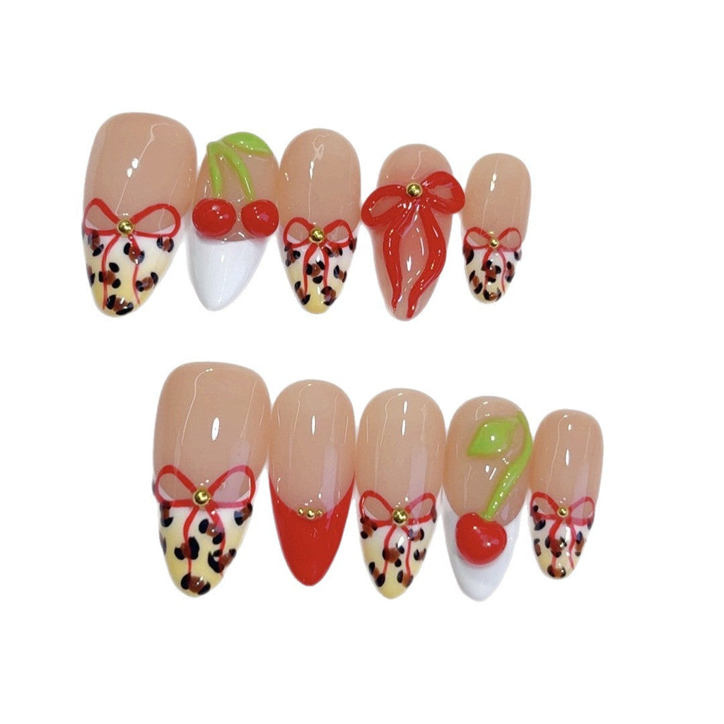 Sweet Cherry: "Leopard Cherry Bow" – Almond Shape Handmade Press-On Nails