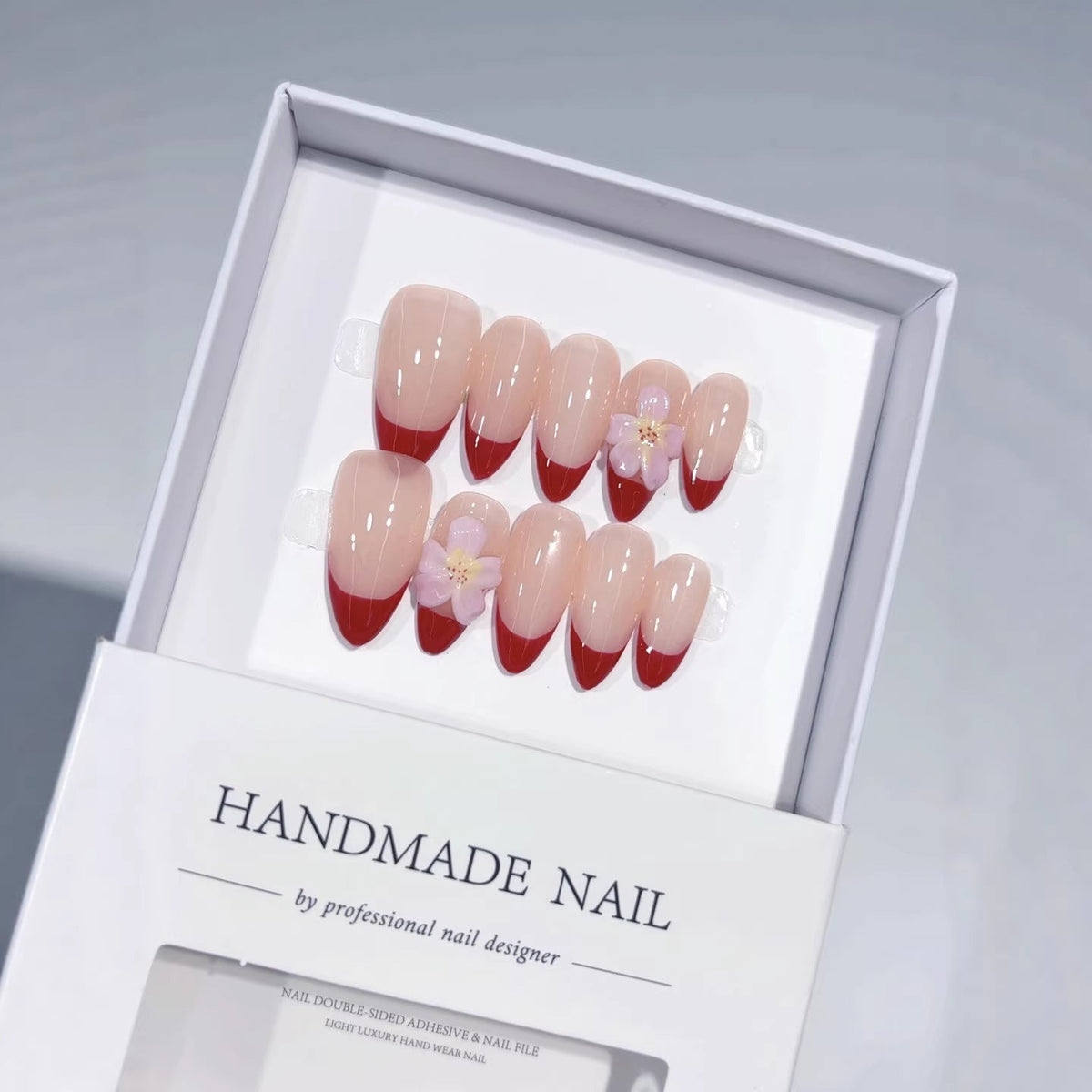Cherry Blossom French: "Nude Red Flower" – Short Square Shape Handmade Press-On Nails