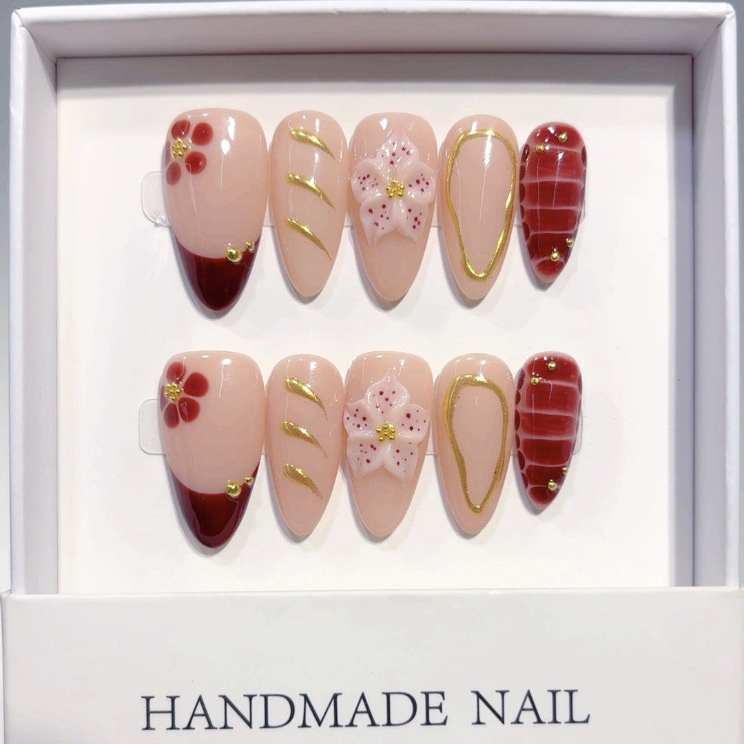 Cherry Blossom: "Crimson Sakura" – Almond Shape Press-On Nails