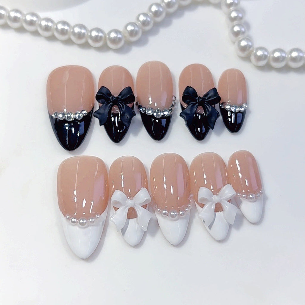 Classic Bow: "Black & White French" – Almond Press-On Nails