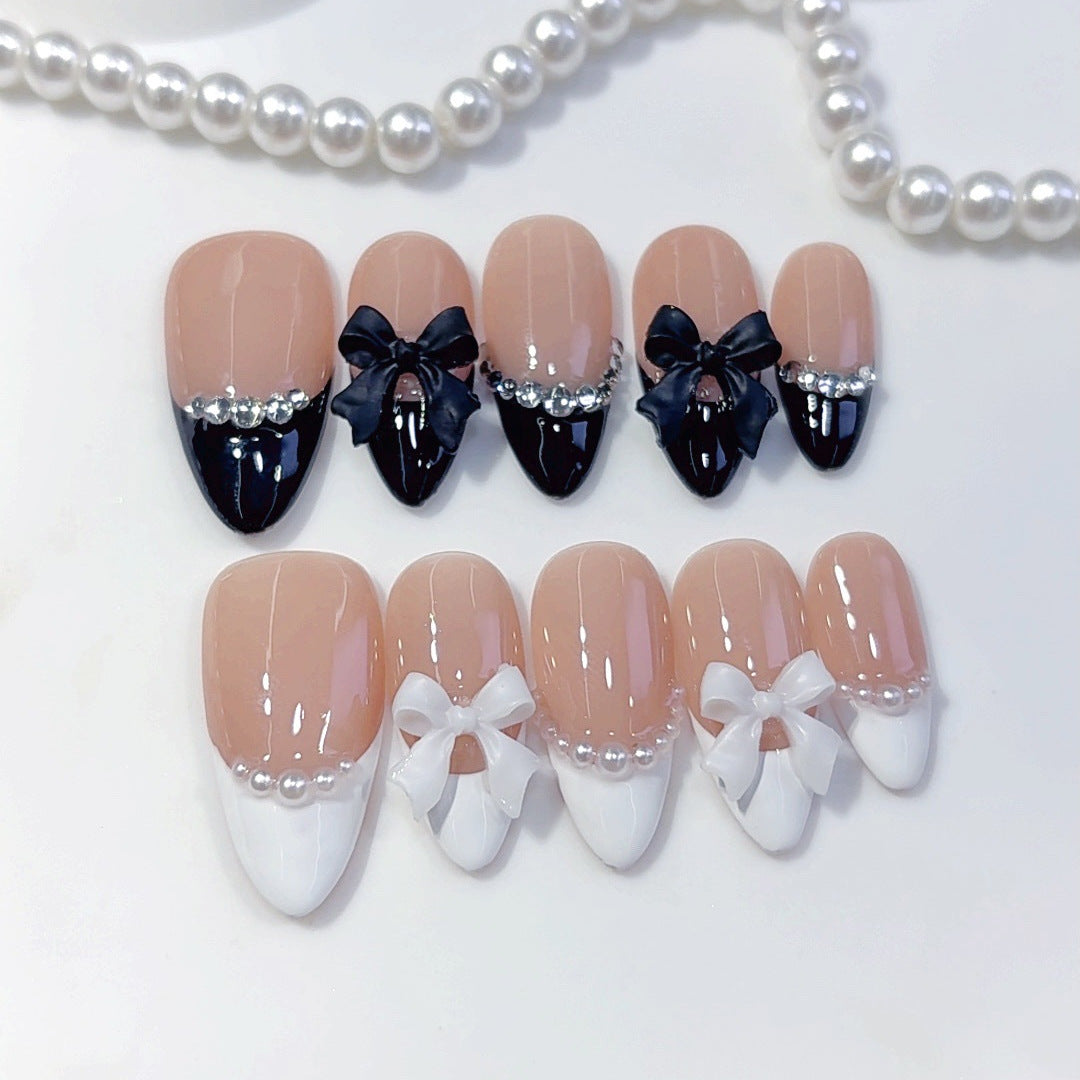 Classic Bow: "Black & White French" – Almond Press-On Nails