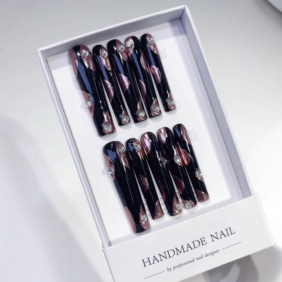 Midnight Rose Glam Extra Long Square Black Pink Rhinestone Press-On Nails