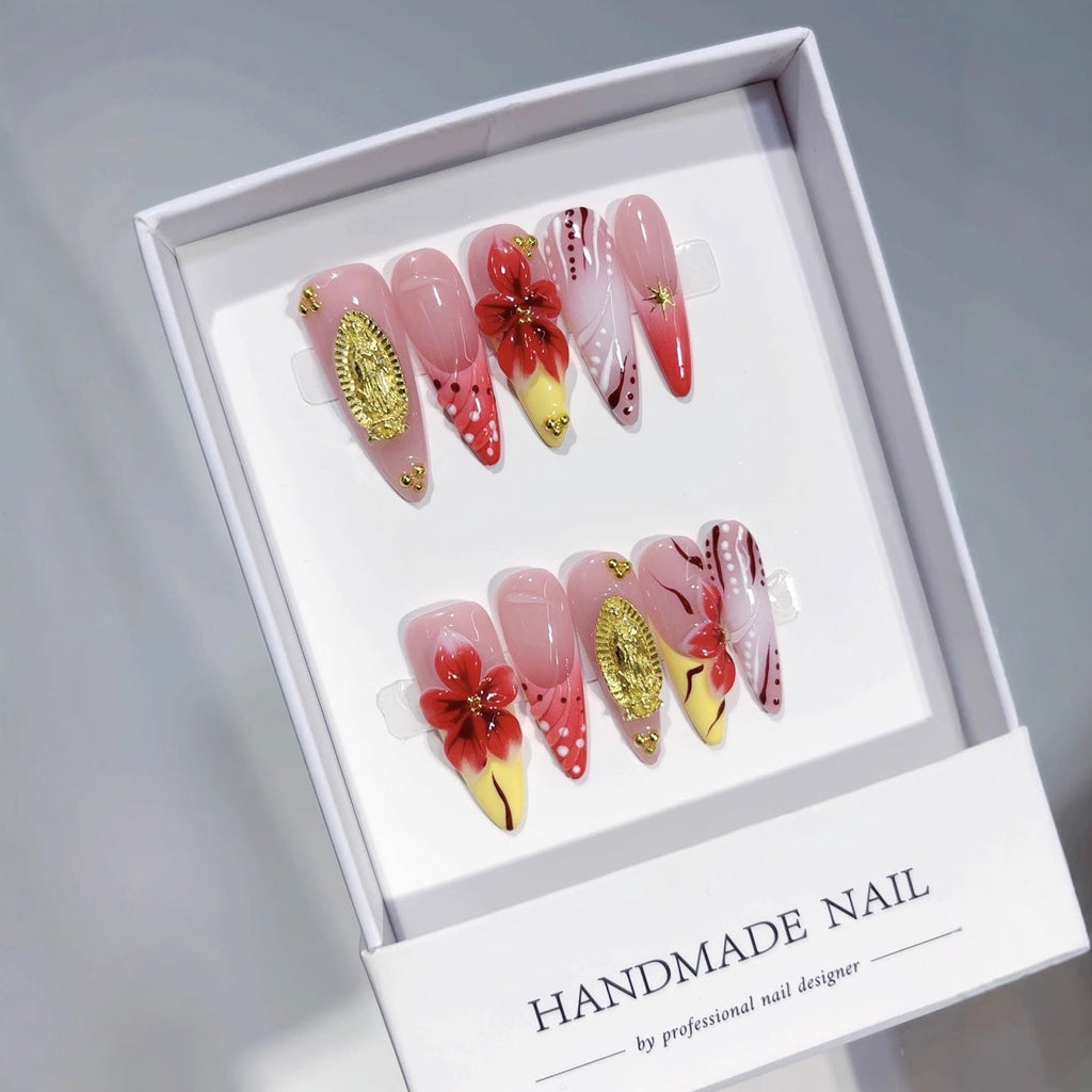 Crimson Gold: "Scarlet Bloom Opulence" – Almond Shape Handmade Press-Ons