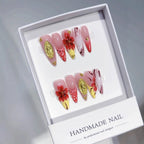 Crimson Gold: "Scarlet Bloom Opulence" – Almond Shape Handmade Press-Ons