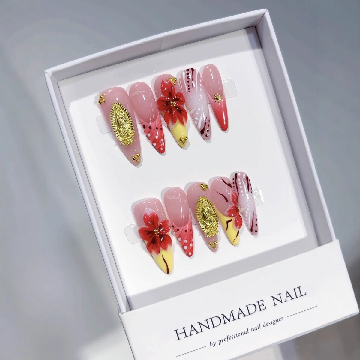 Crimson Gold: "Scarlet Bloom Opulence" – Almond Shape Handmade Press-Ons