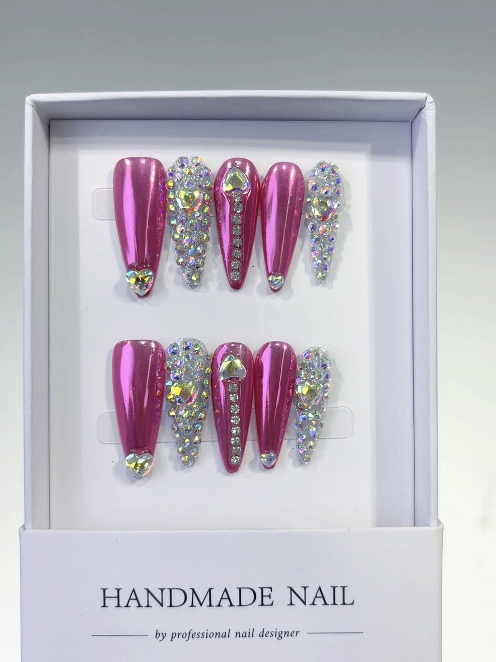 Barbie Glam: "Pink Heart Bling" – Long Stiletto Press-On Nails