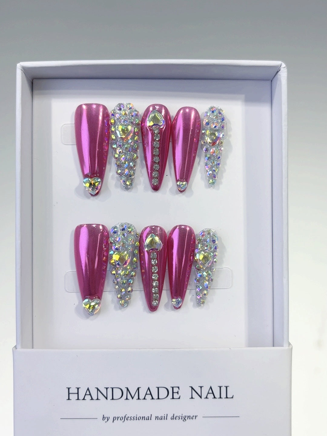 Barbie Glam: "Pink Heart Bling" – Long Stiletto Press-On Nails