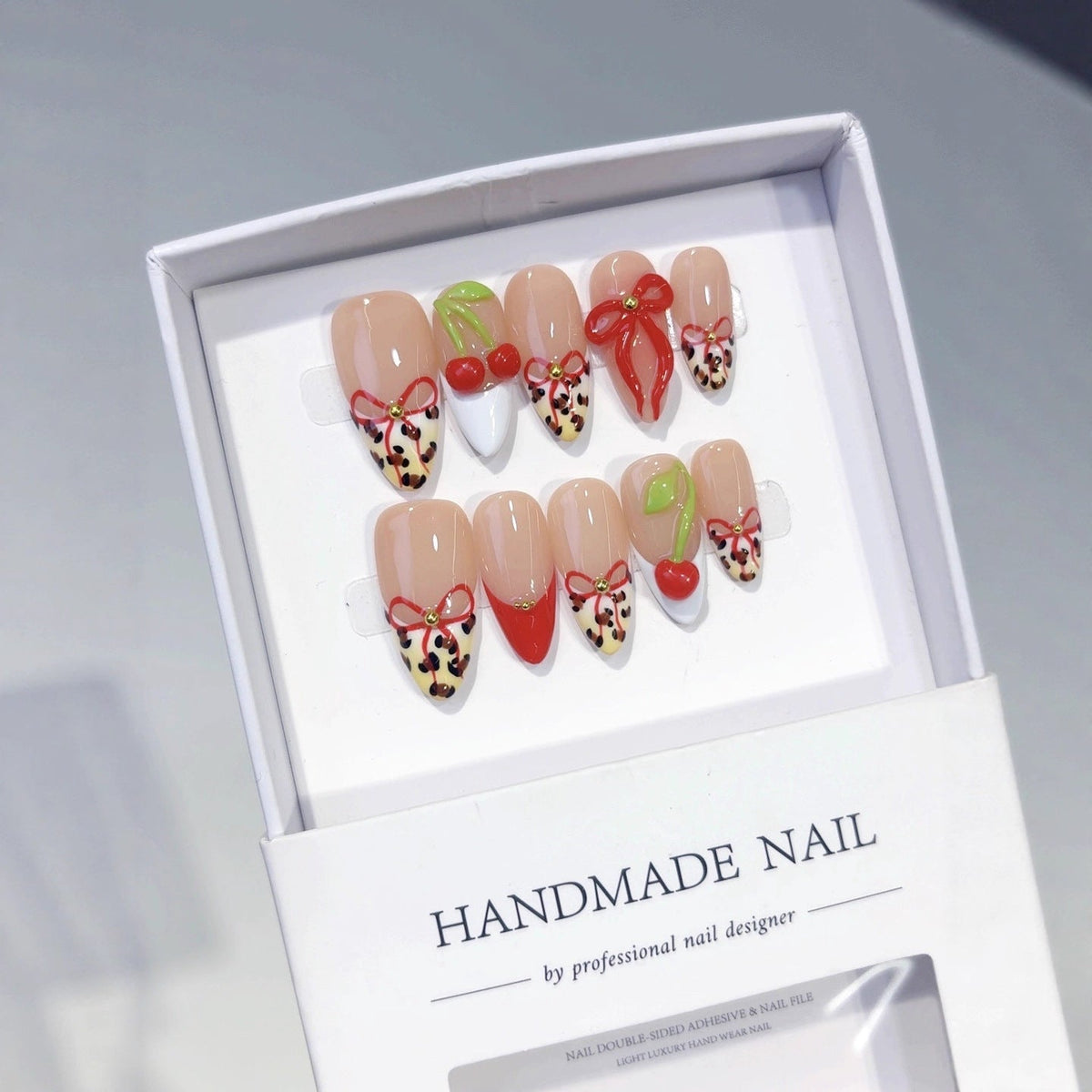 Sweet Cherry: "Leopard Cherry Bow" – Almond Shape Handmade Press-On Nails