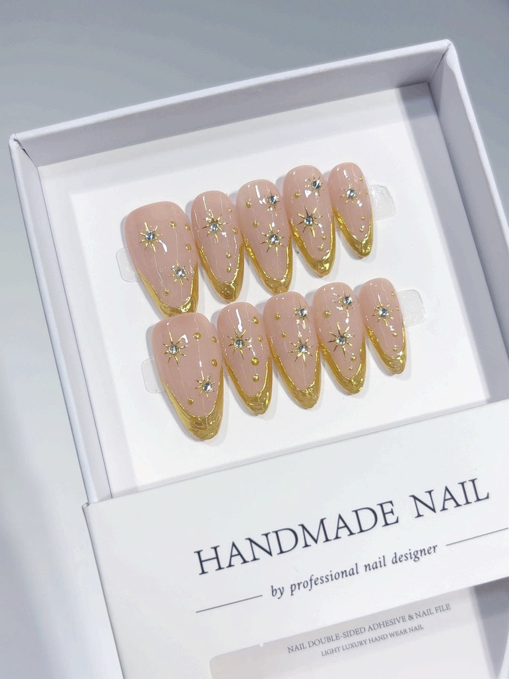 Celestial Gold: "Starry French Glow" – Almond Shape Handmade Press-Ons