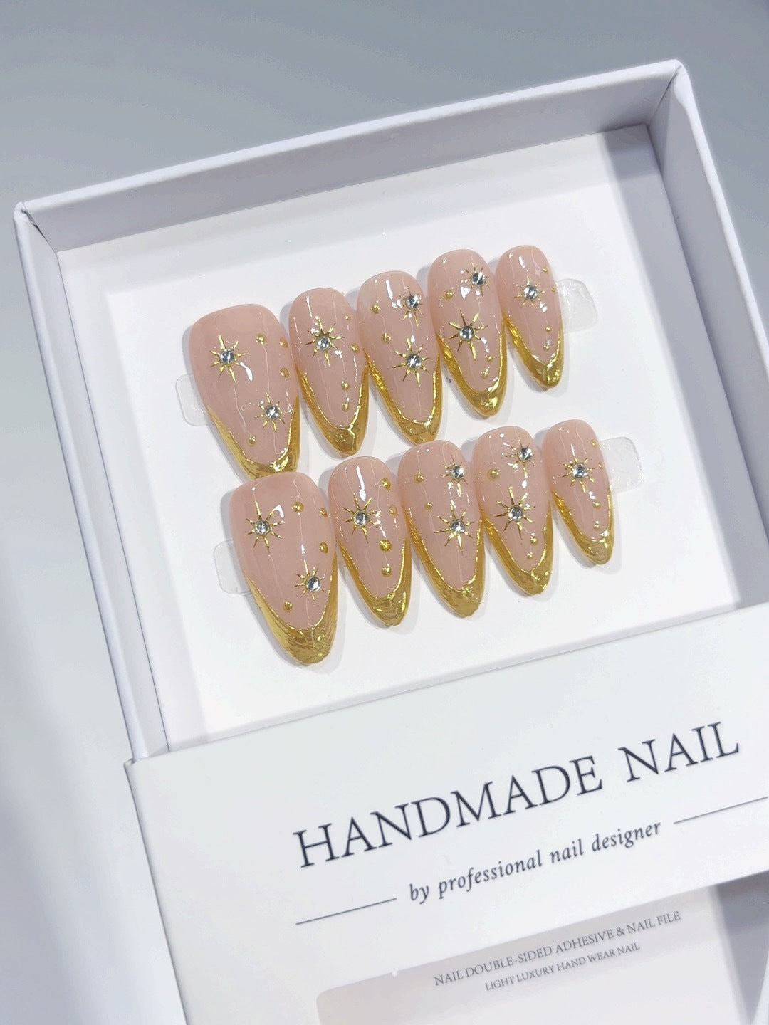 Celestial Gold: "Starry French Glow" – Almond Shape Handmade Press-Ons