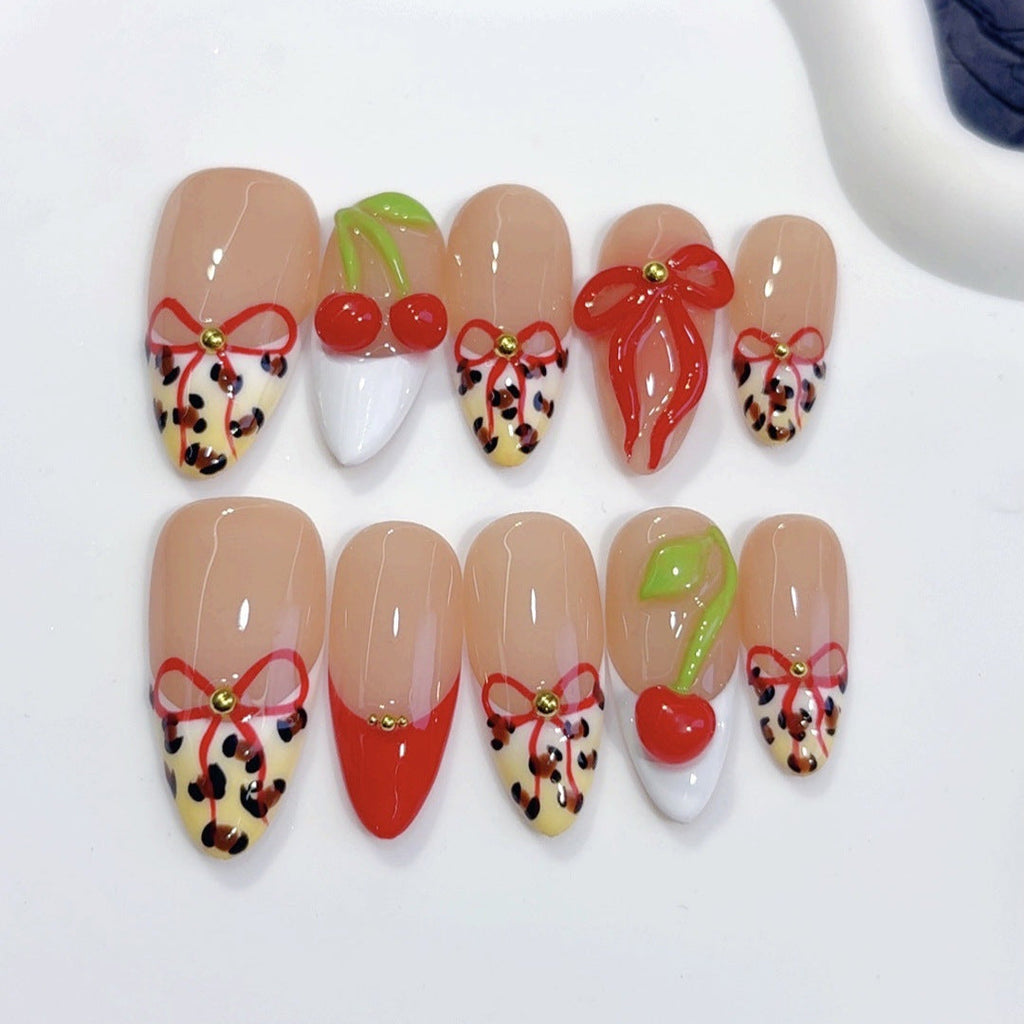 Sweet Cherry: "Leopard Cherry Bow" – Almond Shape Handmade Press-On Nails