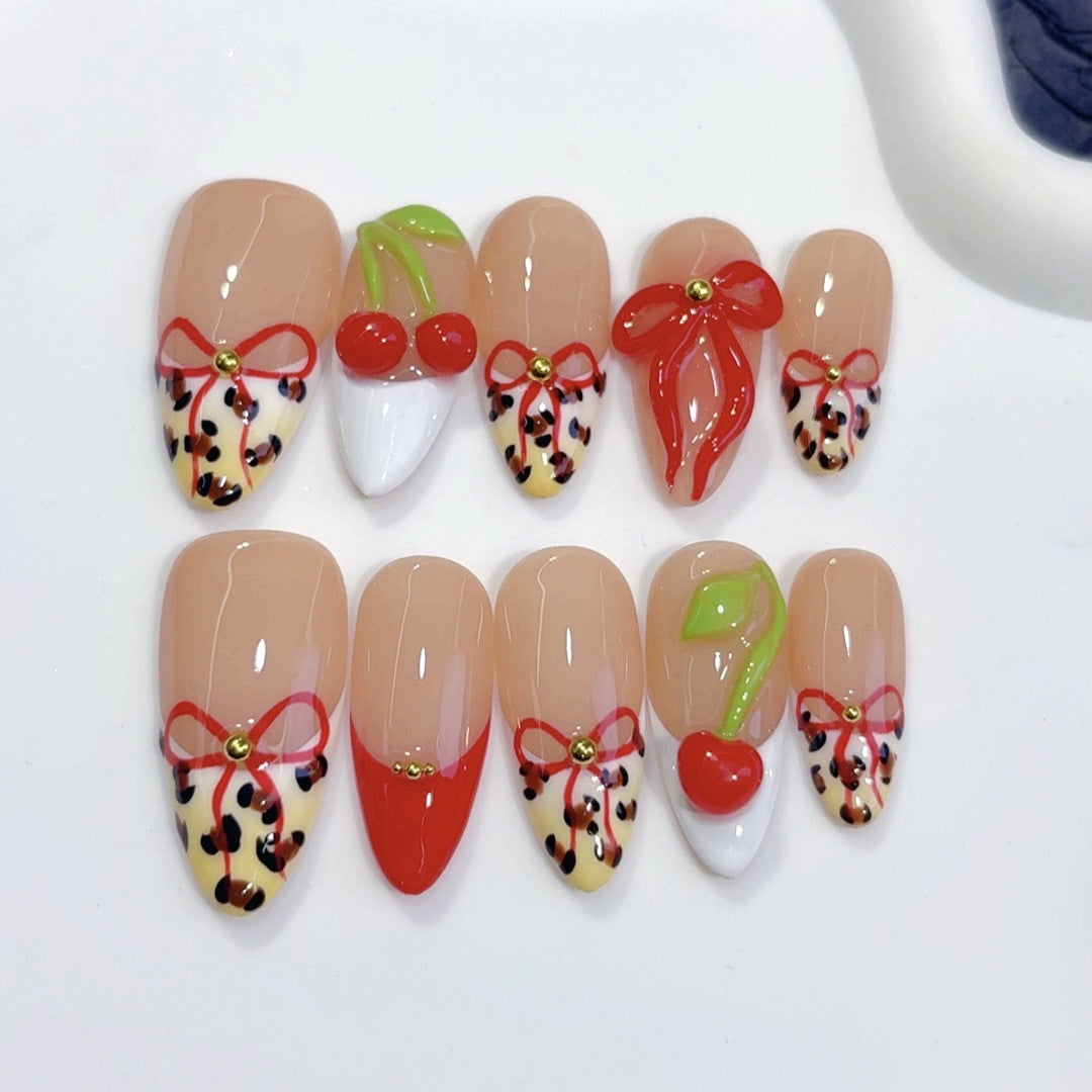 Sweet Cherry: "Leopard Cherry Bow" – Almond Shape Handmade Press-On Nails