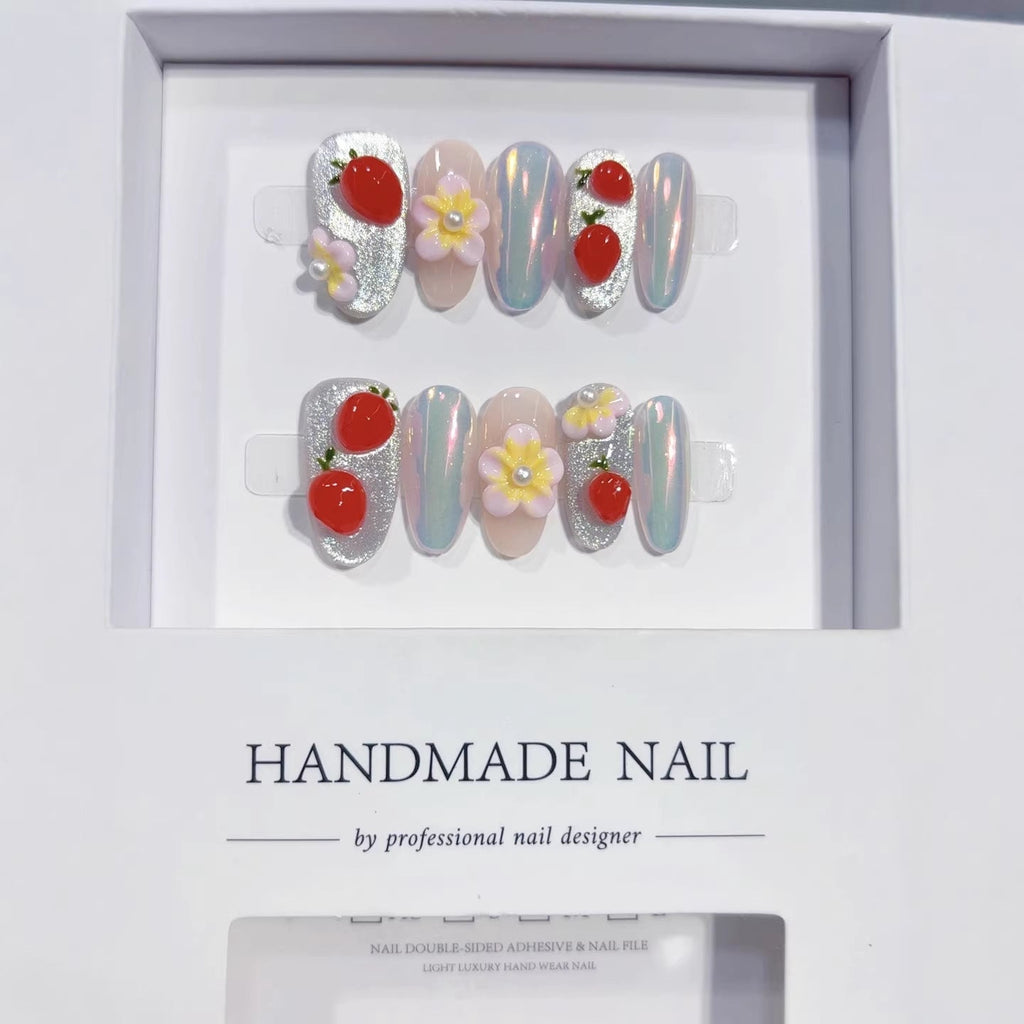 Cherry Berry: "Strawberry & Floral" – Square Press-On Nails
