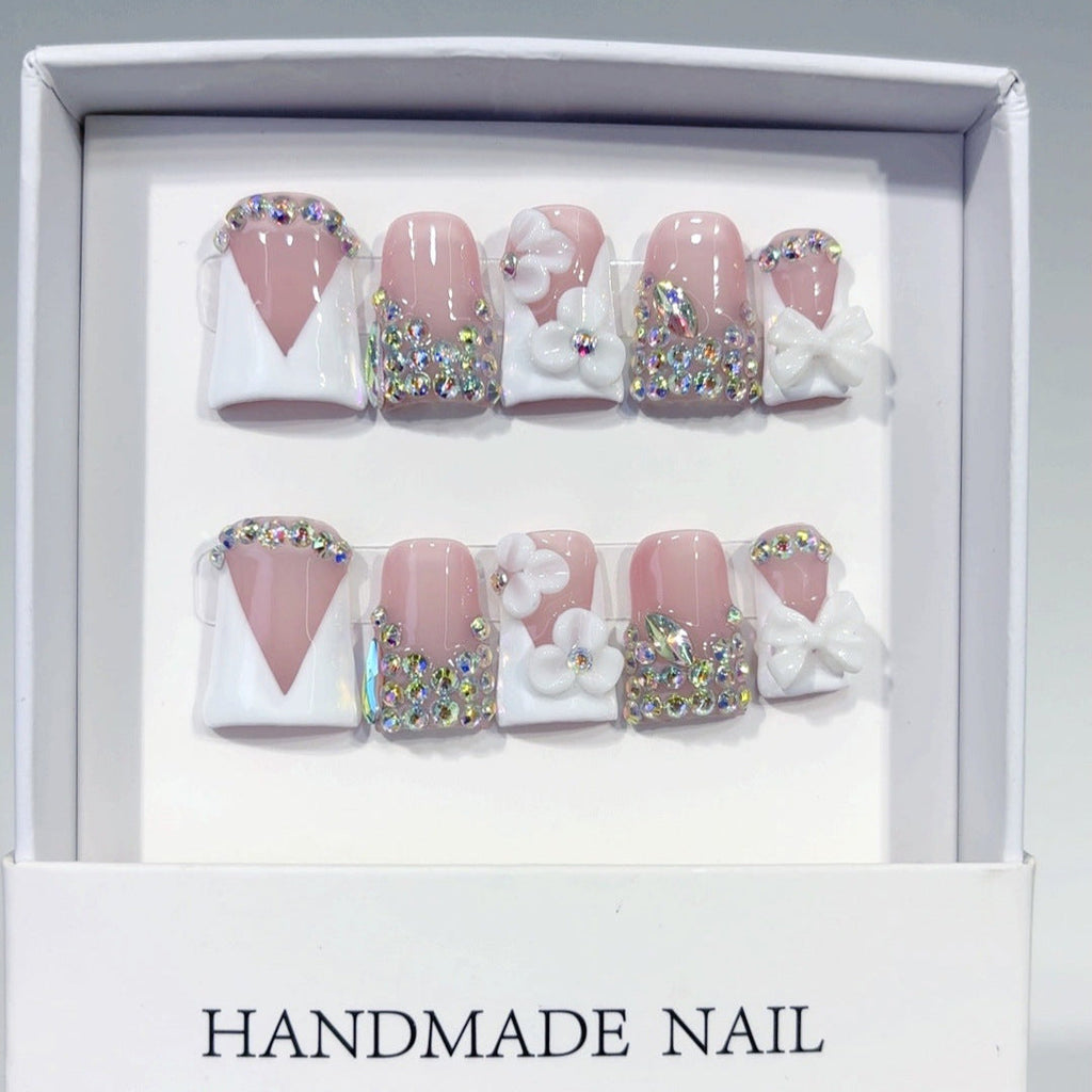 Bridal Elegance: "White Bow Crystal" – Short Square Handmade Press-Ons