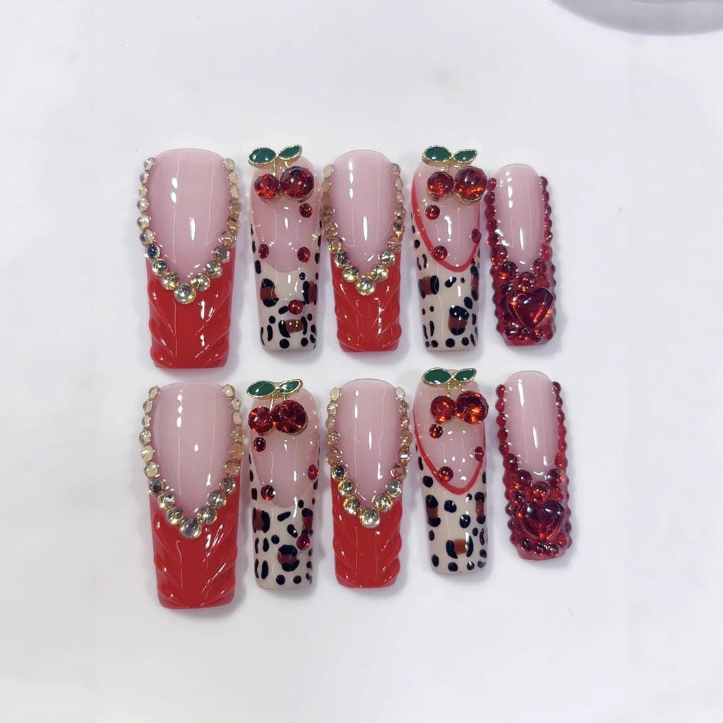 Cherry Crush: "Red Cherry" – Long Square Press-On Nails