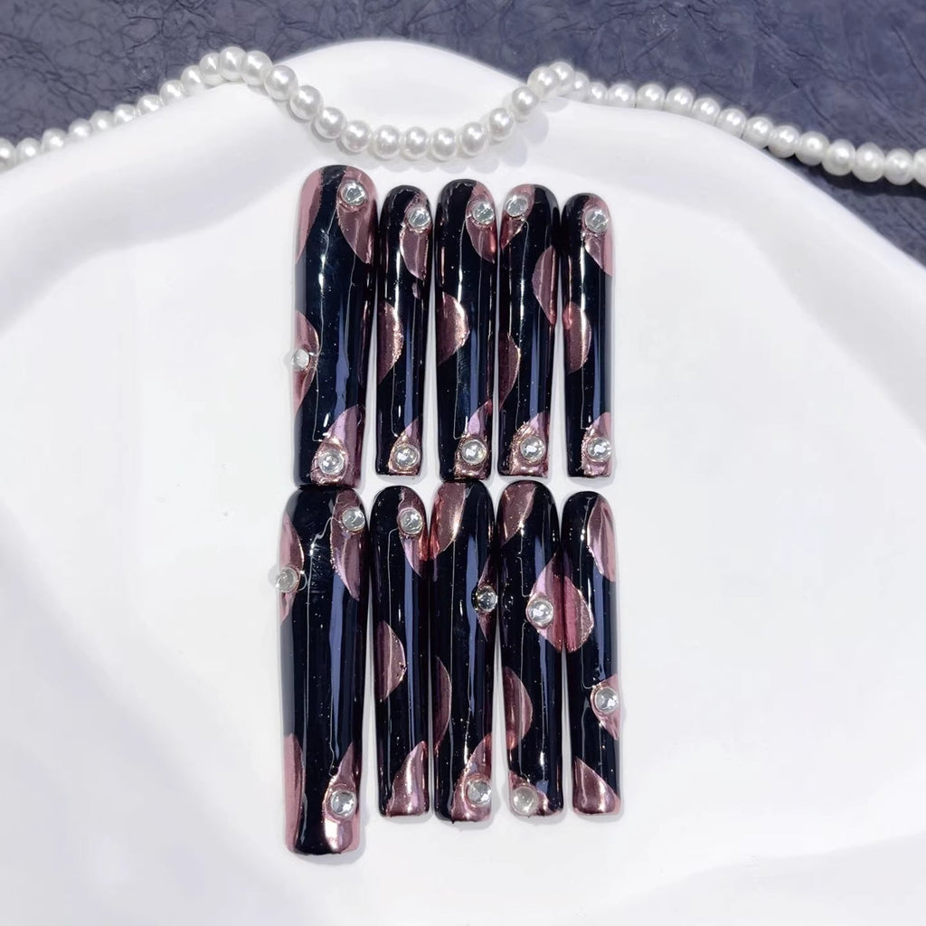 Midnight Rose Glam Extra Long Square Black Pink Rhinestone Press-On Nails