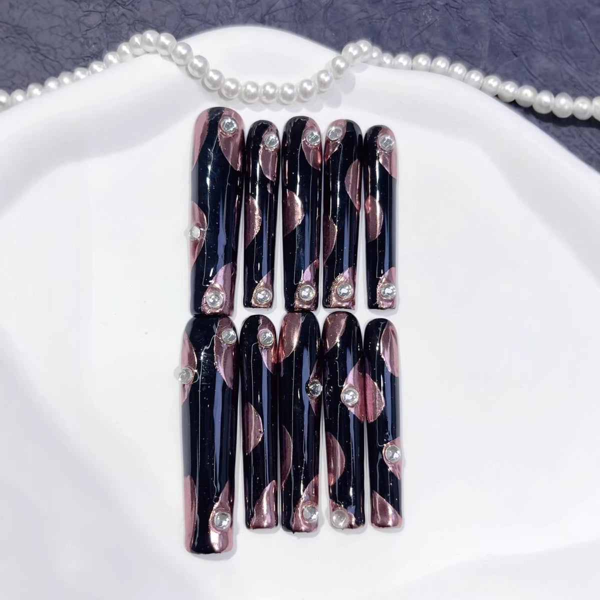 Midnight Rose Glam Extra Long Square Black Pink Rhinestone Press-On Nails